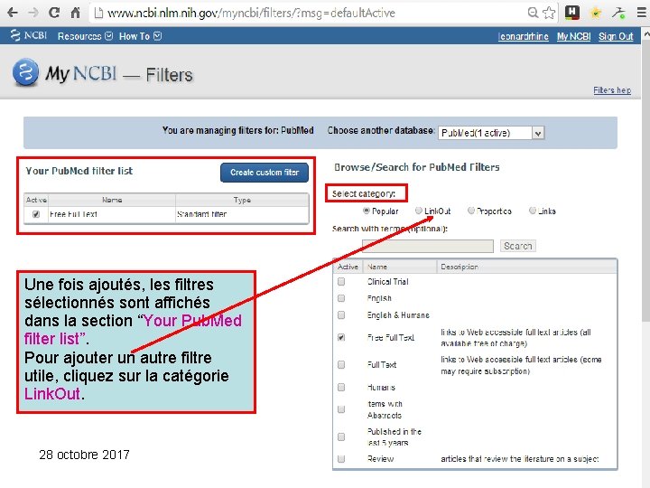 Une fois ajoutés, les filtres sélectionnés sont affichés dans la section “Your Pub. Med