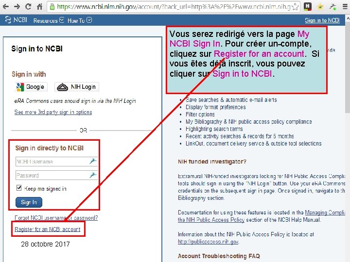 Vous serez redirigé vers la page My NCBI Sign In. Pour créer un compte,