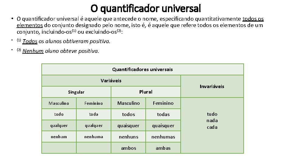 O quantificador universal • O quantificador universal é aquele que antecede o nome, especificando