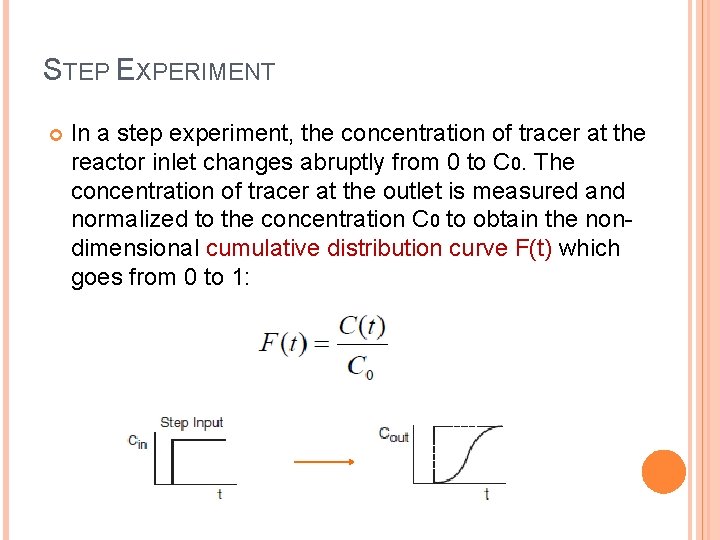 STEP EXPERIMENT In a step experiment, the concentration of tracer at the reactor inlet