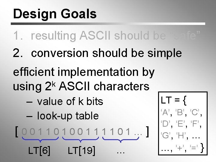 Design Goals 1. resulting ASCII should be “safe” 2. conversion should be simple efficient