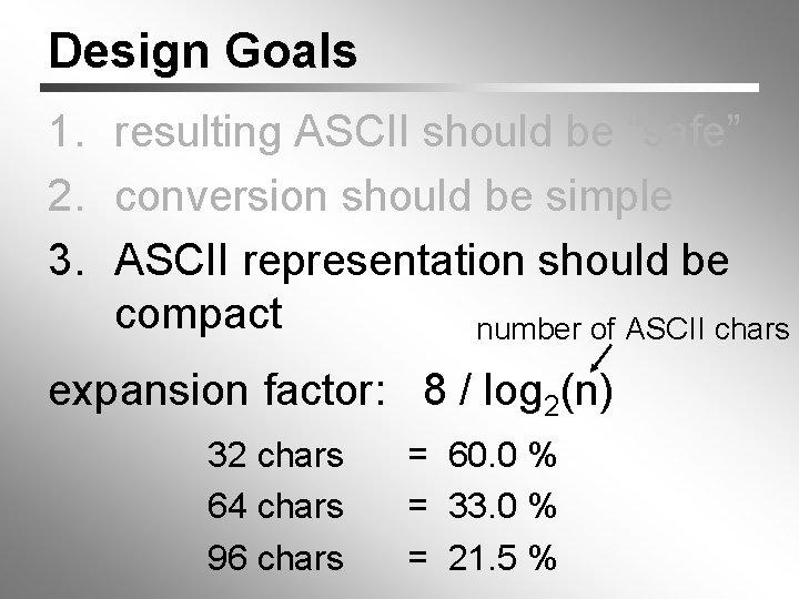 Design Goals 1. resulting ASCII should be “safe” 2. conversion should be simple 3.