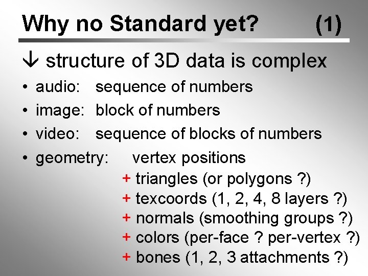 Why no Standard yet? ( 1) structure of 3 D data is complex •