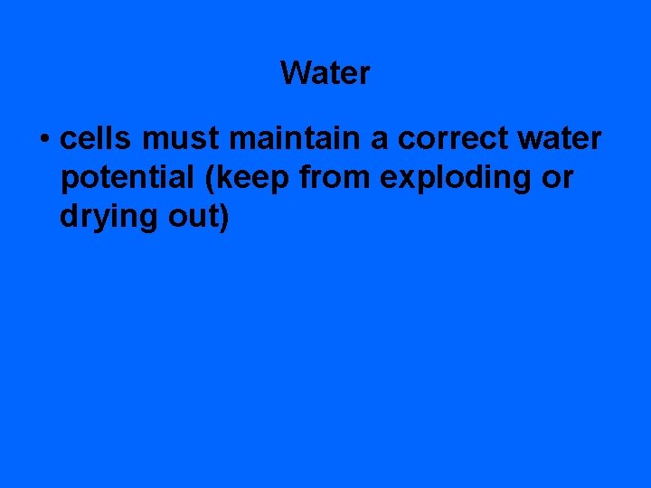 Water • cells must maintain a correct water potential (keep from exploding or drying