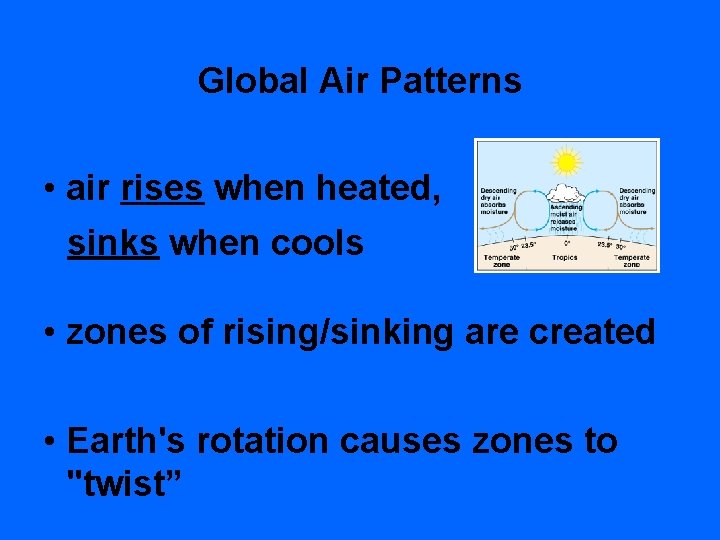 Global Air Patterns • air rises when heated, sinks when cools • zones of