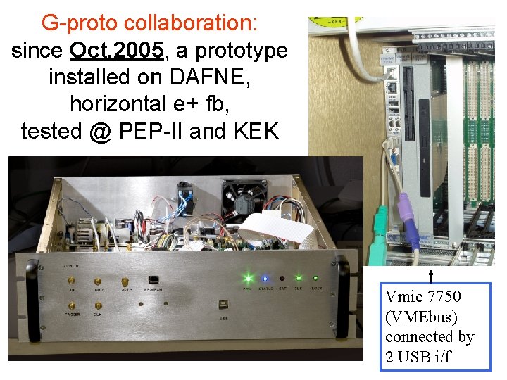 G-proto collaboration: since Oct. 2005, a prototype installed on DAFNE, horizontal e+ fb, tested