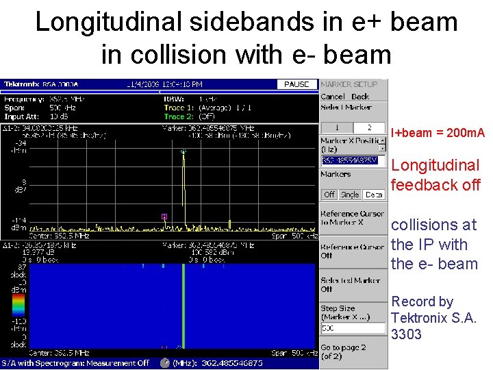 Longitudinal sidebands in e+ beam in collision with e- beam I+beam = 200 m.