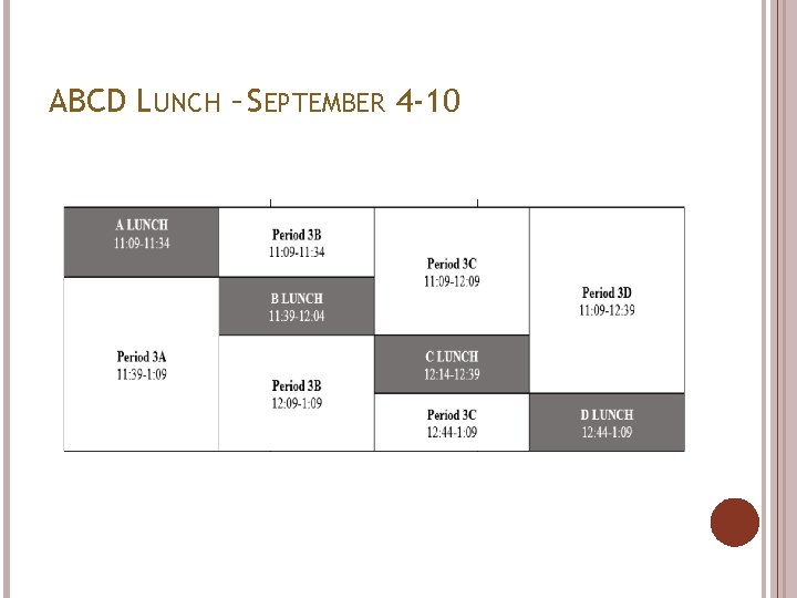 ABCD LUNCH – SEPTEMBER 4 -10 