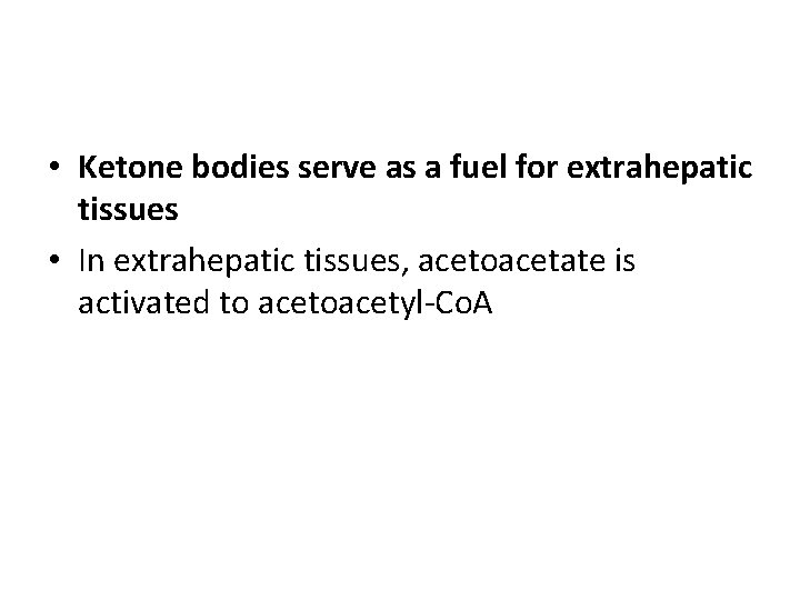  • Ketone bodies serve as a fuel for extrahepatic tissues • In extrahepatic