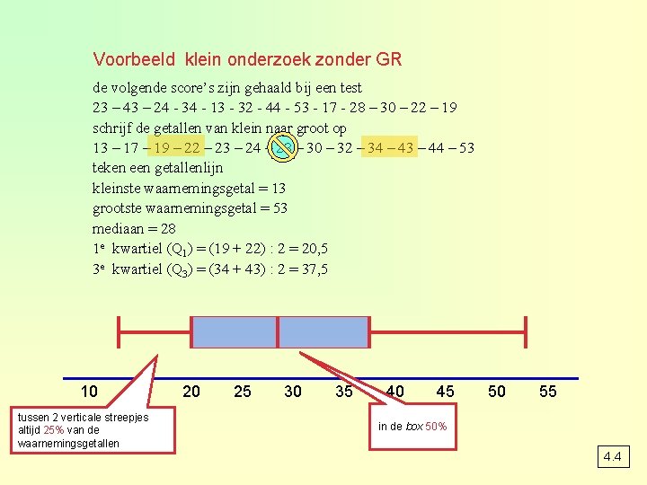 Voorbeeld klein onderzoek zonder GR de volgende score’s zijn gehaald bij een test 23