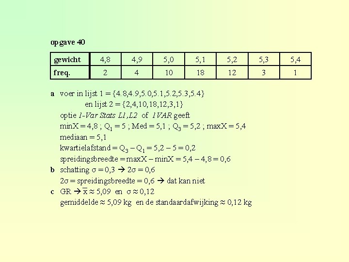 opgave 40 gewicht freq. 4, 8 4, 9 5, 0 5, 1 5, 2