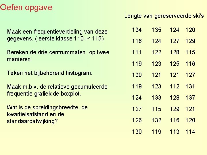 Oefen opgave Lengte van gereserveerde ski's Maak een frequentieverdeling van deze gegevens. ( eerste