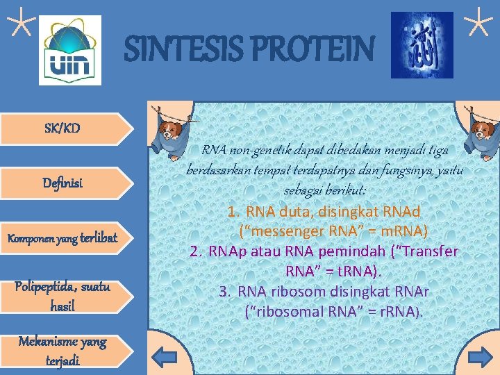 SINTESIS PROTEIN SK/KD Definisi Komponen yang terlibat Polipeptida, suatu hasil Mekanisme yang terjadi RNA