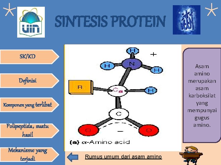SINTESIS PROTEIN SK/KD Asam amino merupakan asam karboksilat yang mempunyai gugus amino. Definisi Komponen
