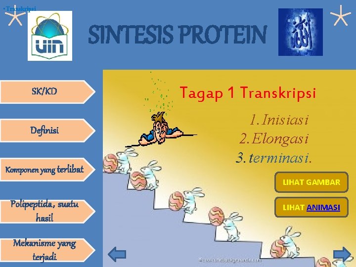  • Transkripsi SINTESIS PROTEIN SK/KD Definisi Komponen yang terlibat Tagap 1 Transkripsi 1.