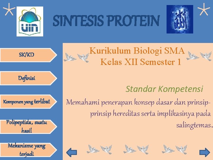 SINTESIS PROTEIN SK/KD Kurikulum Biologi SMA Kelas XII Semester 1 Definisi Komponen yang terlibat