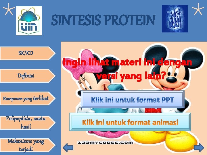 SINTESIS PROTEIN SK/KD Definisi Komponen yang terlibat Polipeptida, suatu hasil Mekanisme yang terjadi Ingin