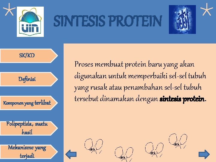 SINTESIS PROTEIN SK/KD Definisi Komponen yang terlibat Polipeptida, suatu hasil Mekanisme yang terjadi Proses