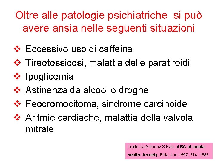 Oltre alle patologie psichiatriche si può avere ansia nelle seguenti situazioni v v v