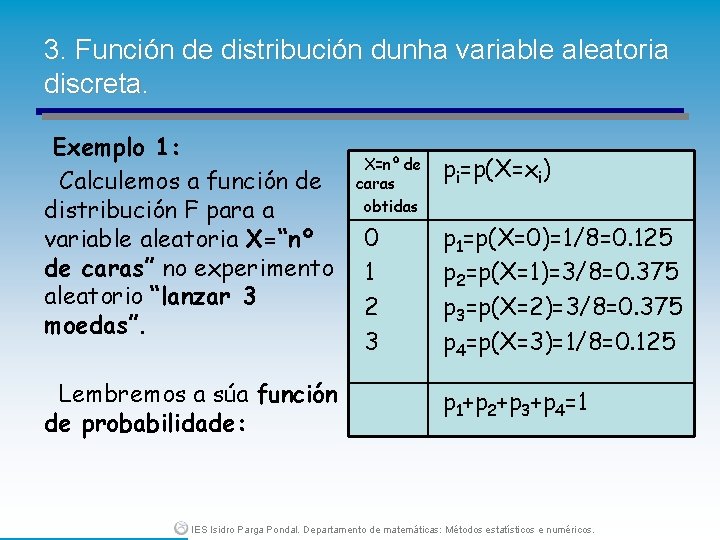 3. Función de distribución dunha variable aleatoria discreta. Exemplo 1: Calculemos a función de