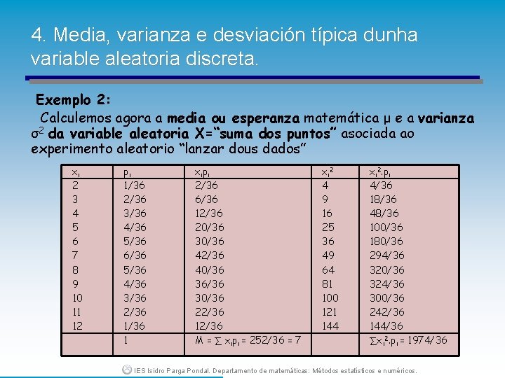 4. Media, varianza e desviación típica dunha variable aleatoria discreta. Exemplo 2: Calculemos agora