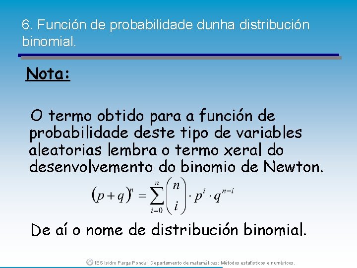 6. Función de probabilidade dunha distribución binomial. Nota: O termo obtido para a función