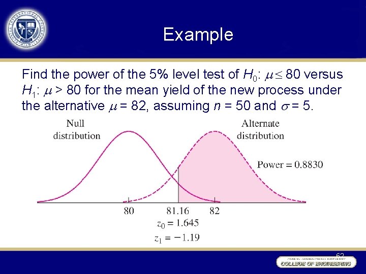 Example Find the power of the 5% level test of H 0: 80 versus
