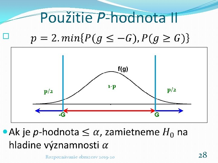 Použitie P-hodnota II � f(g) 1 -p p/2 -G Rozpoznávanie obrazcov 2019 -20 p/2