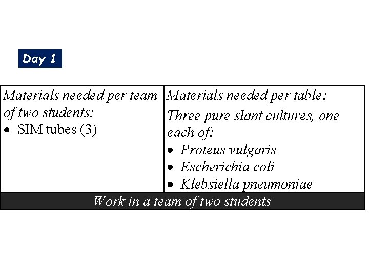 Day 1 Materials needed per team Materials needed per table: of two students: Three