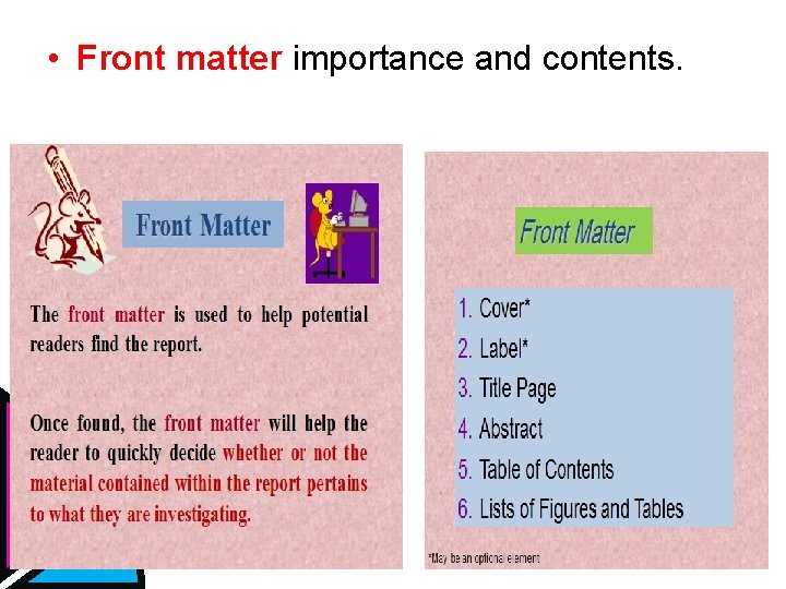  • Front matter importance and contents. 