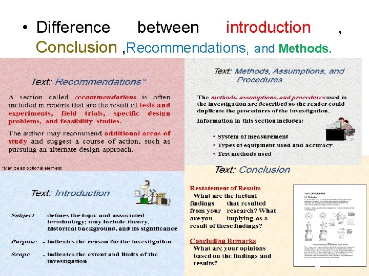  • Difference between introduction , Conclusion , Recommendations, and Methods. 