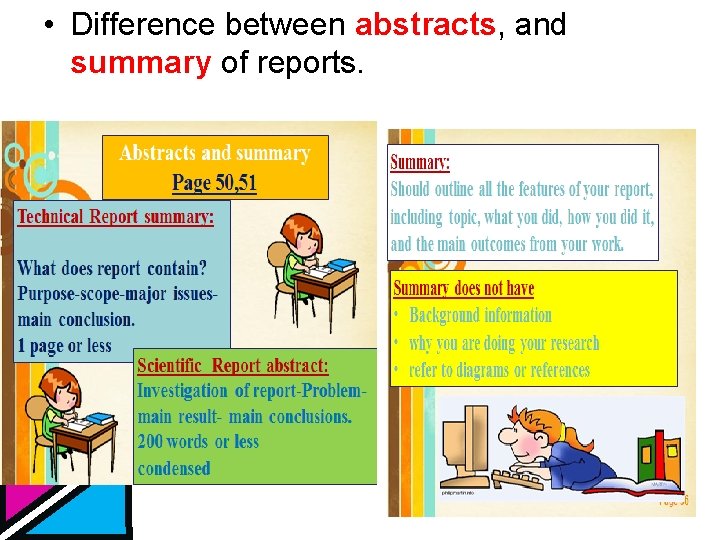  • Difference between abstracts, and summary of reports. 
