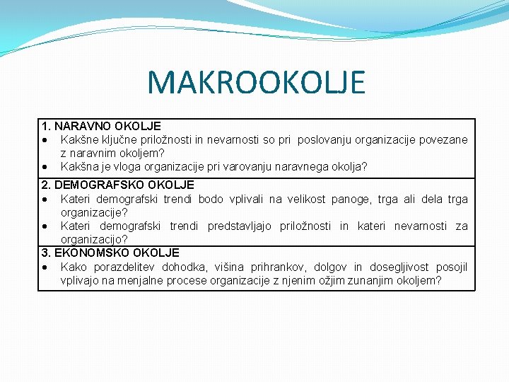 MAKROOKOLJE 1. NARAVNO OKOLJE Kakšne ključne priložnosti in nevarnosti so pri poslovanju organizacije povezane