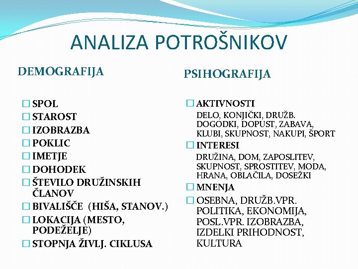 ANALIZA POTROŠNIKOV DEMOGRAFIJA � SPOL � STAROST � IZOBRAZBA � POKLIC � IMETJE �