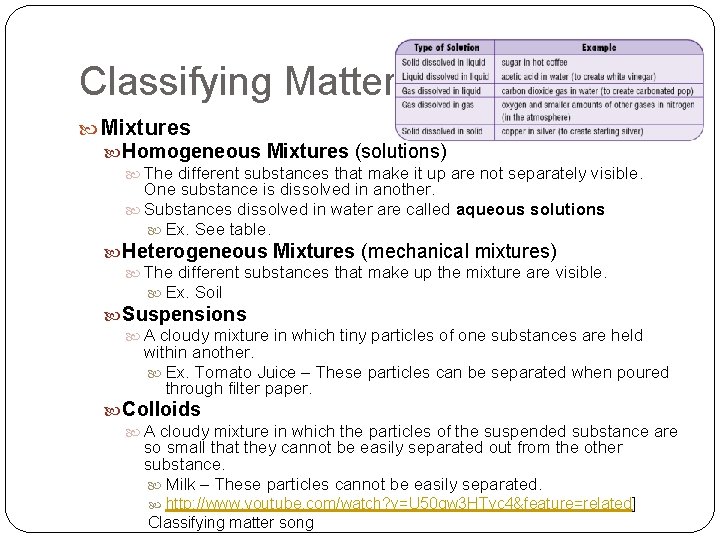Classifying Matter Mixtures Homogeneous Mixtures (solutions) The different substances that make it up are Classifying Matter Mixtures Homogeneous Mixtures (solutions) The different substances that make it up are