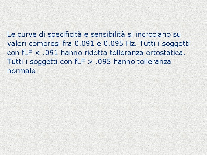 Le curve di specificità e sensibilità si incrociano su valori compresi fra 0. 091