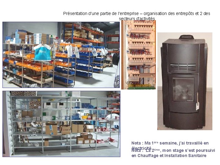 Présentation d’une partie de l’entreprise – organisation des entrepôts et 2 des secteurs d’activités