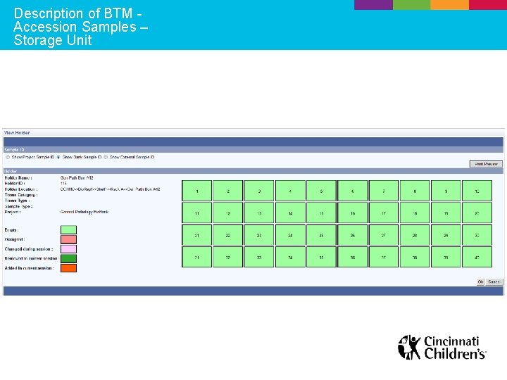 Description of BTM Accession Samples – Storage Unit 