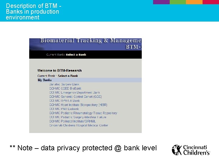 Description of BTM Banks in production environment ** Note – data privacy protected @