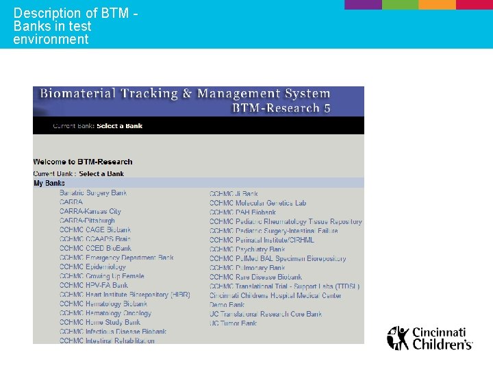 Description of BTM Banks in test environment 