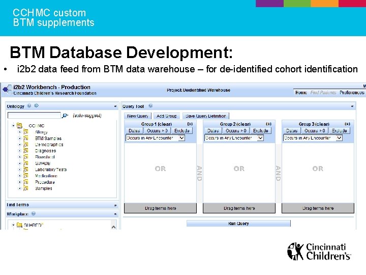 CCHMC custom BTM supplements BTM Database Development: • i 2 b 2 data feed