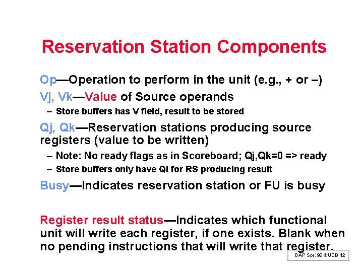 Reservation Station Components Op—Operation to perform in the unit (e. g. , + or