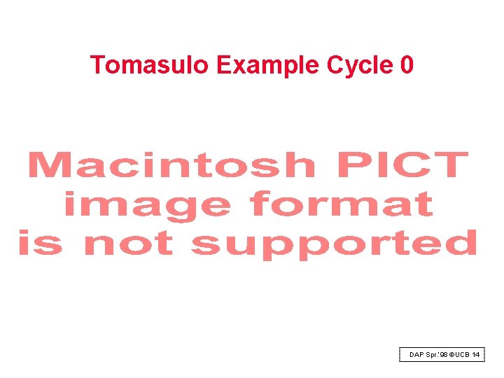 Tomasulo Example Cycle 0 DAP Spr. ‘ 98 ©UCB 14 
