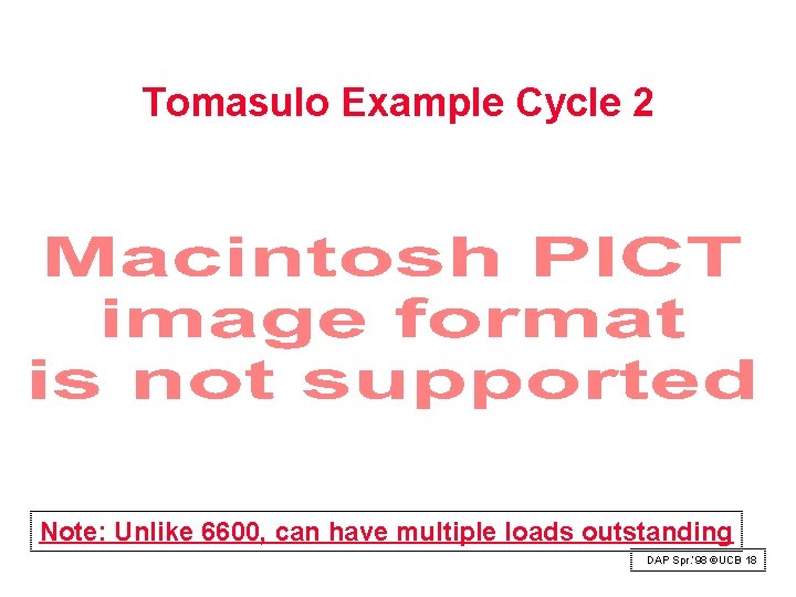 Tomasulo Example Cycle 2 Note: Unlike 6600, can have multiple loads outstanding DAP Spr.