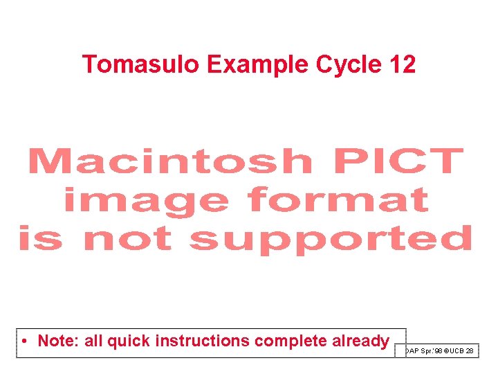 Tomasulo Example Cycle 12 • Note: all quick instructions complete already DAP Spr. ‘