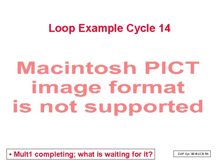 Loop Example Cycle 14 • Mult 1 completing; what is waiting for it? DAP