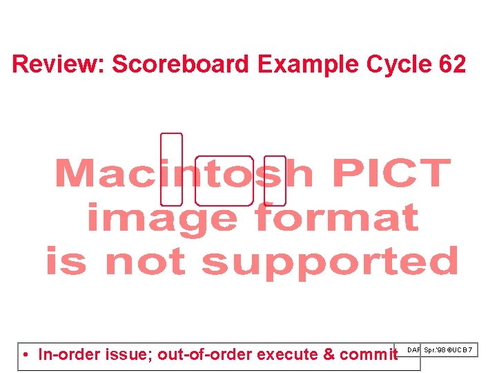 Review: Scoreboard Example Cycle 62 • In-order issue; out-of-order execute & commit DAP Spr.