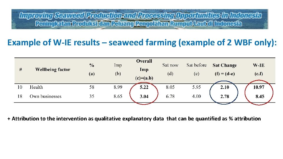 Example of W-IE results – seaweed farming (example of 2 WBF only): + Attribution