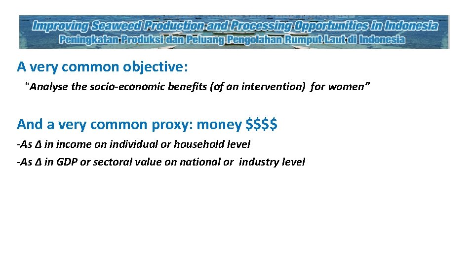 A very common objective: “Analyse the socio-economic benefits (of an intervention) for women” And