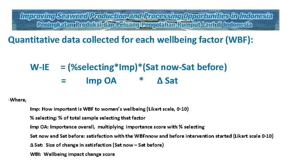 Quantitative data collected for each wellbeing factor (WBF): W-IE = (%selecting*Imp)*(Sat now-Sat before) =